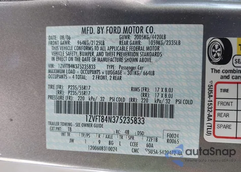 2007 Ford Mustang V6 Deluxe/V6 Premium z USA, uszkodzony, nr VIN 1ZVFT84N375235833